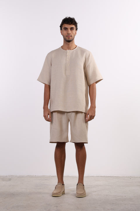 THE SHORE LINEN HALF SLEEVE SET — MENS BEIGE