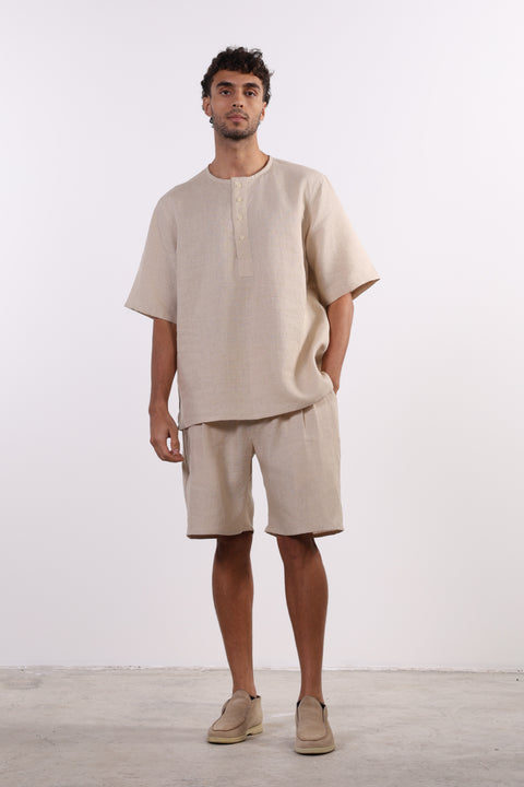 THE SHORE LINEN HALF SLEEVE SET — MENS BEIGE