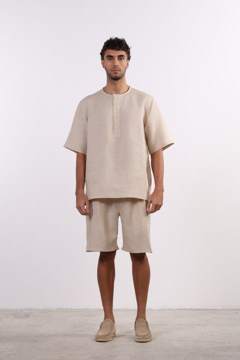 THE SHORE LINEN HALF SLEEVE SET — MENS BEIGE