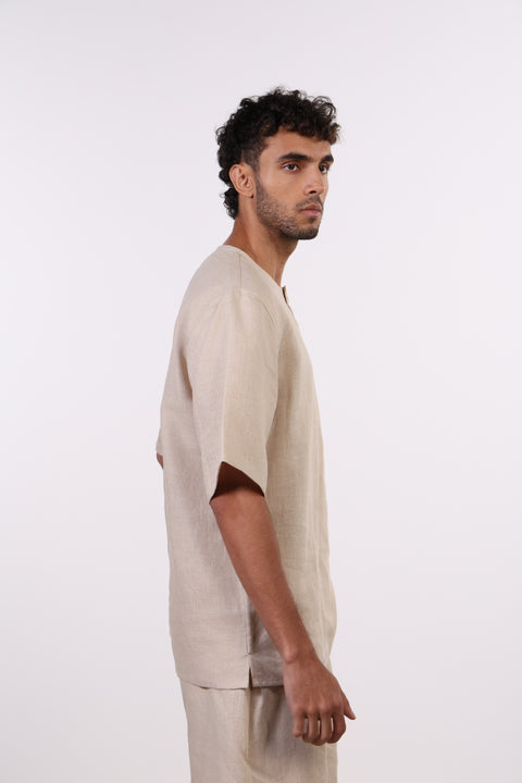 THE SHORE LINEN HALF SLEEVES SHIRT — MENS BEIGE