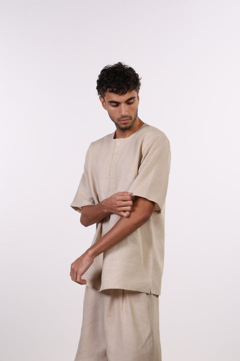 THE SHORE LINEN HALF SLEEVES SHIRT — MENS BEIGE