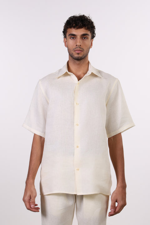 THE CLASSIC LINEN HALF SLEEVES SHIRT — MENS OFF WHITE