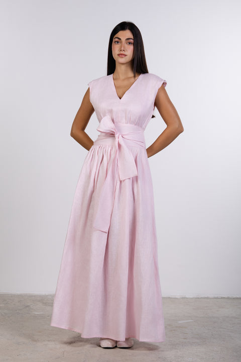 LINEN BOW MAXI DRESS — WOMENS PINK