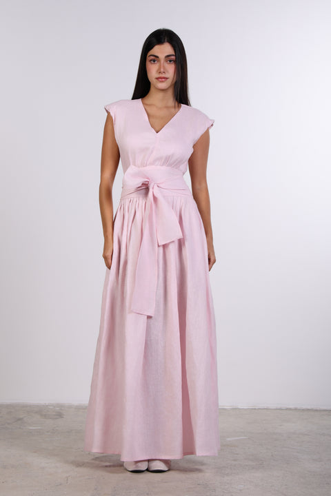 LINEN BOW MAXI DRESS — WOMENS PINK