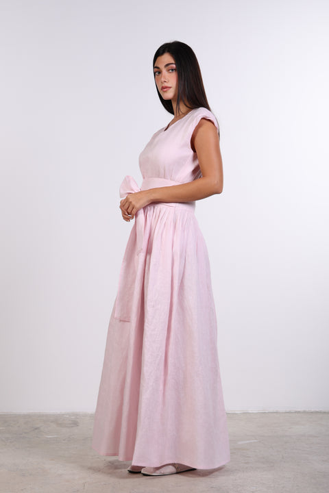 LINEN BOW MAXI DRESS — WOMENS PINK