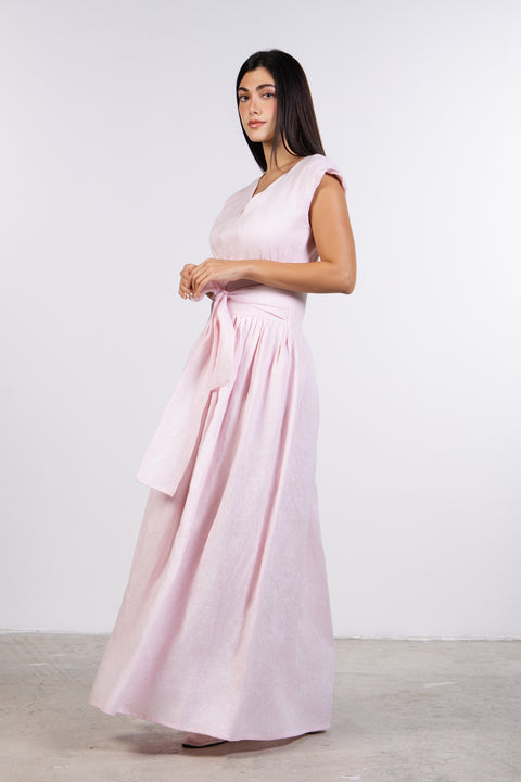 LINEN BOW MAXI DRESS — WOMENS PINK