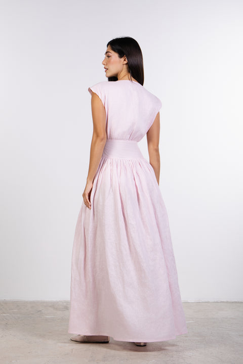 LINEN BOW MAXI DRESS — WOMENS PINK