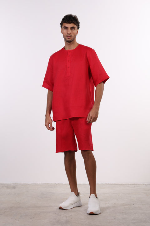 THE SHORE LINEN HALF SLEEVE SET — MENS RED