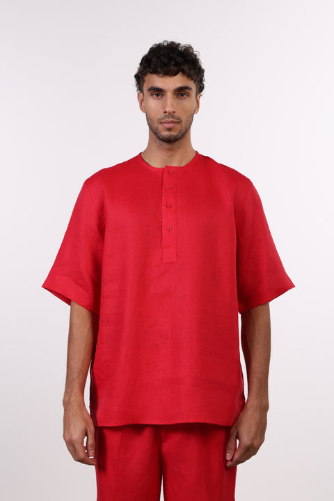 THE SHORE LINEN HALF SLEEVES SHIRT  — MENS RED