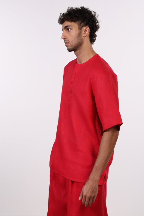 THE SHORE LINEN HALF SLEEVES SHIRT  — MENS RED
