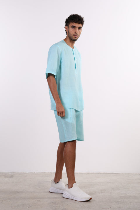 THE SHORE LINEN HALF SLEEVES SHIRT — MENS TEAL