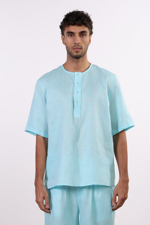 THE SHORE LINEN HALF SLEEVES SHIRT — MENS TEAL