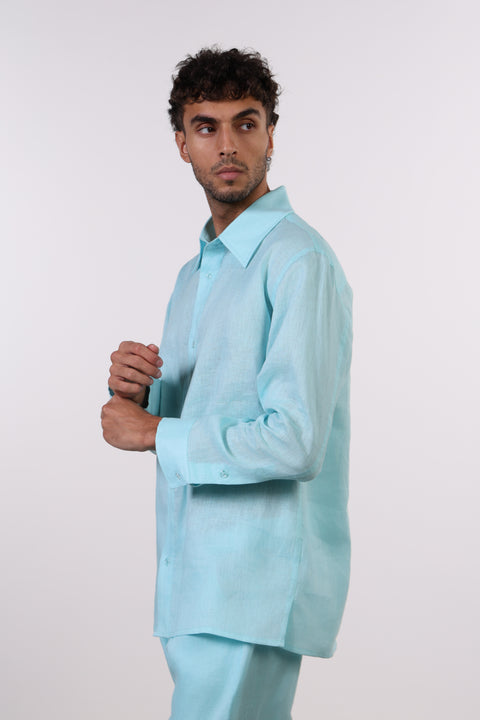 THE CLASSIC LINEN LONG SLEEVE SHIRT  — MENS TEAL