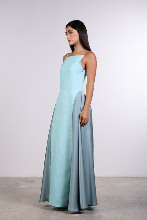 SILK PANEL LINEN DRESS — WOMENS TEAL