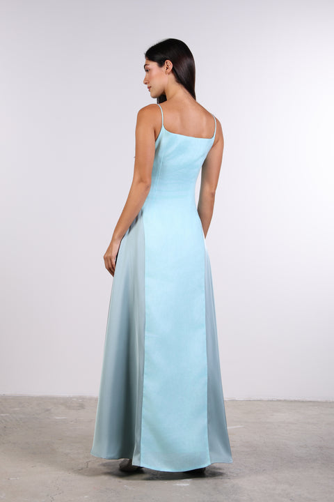 SILK PANEL LINEN DRESS — WOMENS TEAL