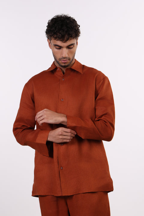 THE CLASSIC LINEN LONG SLEEVE SHIRT  — MENS BURNT ORANGE