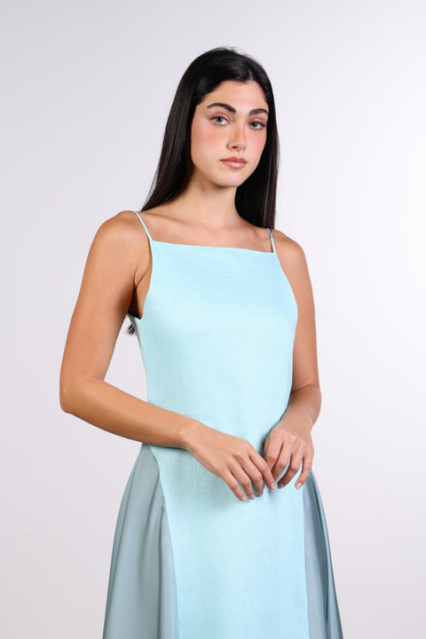 SILK PANEL LINEN DRESS — WOMENS TEAL