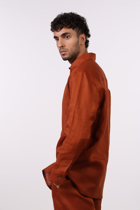 THE CLASSIC LINEN LONG SLEEVE SHIRT  — MENS BURNT ORANGE