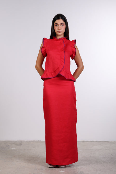 PENCIL LINEN SKIRT — WOMENS RED