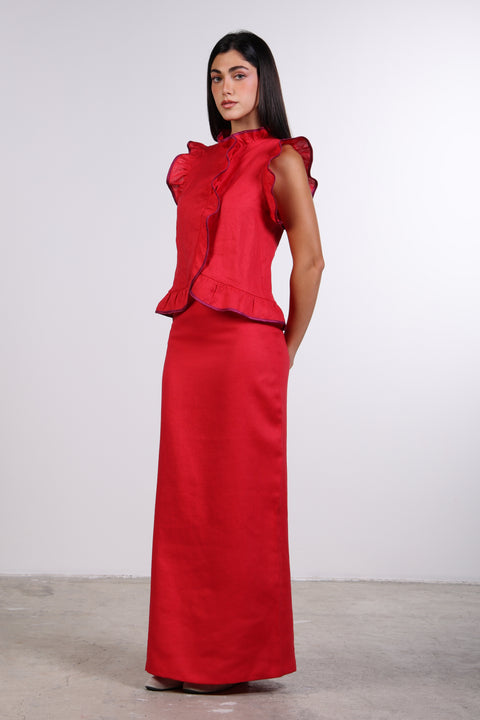 SILK TRIMMED LINEN SHIRT — WOMENS RED
