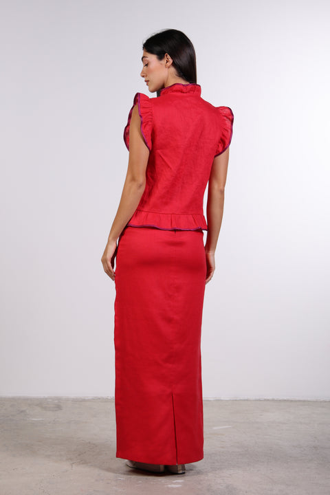 SILK TRIMMED LINEN SHIRT — WOMENS RED