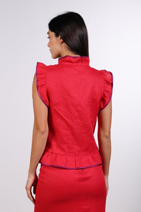 SILK TRIMMED LINEN SHIRT — WOMENS RED
