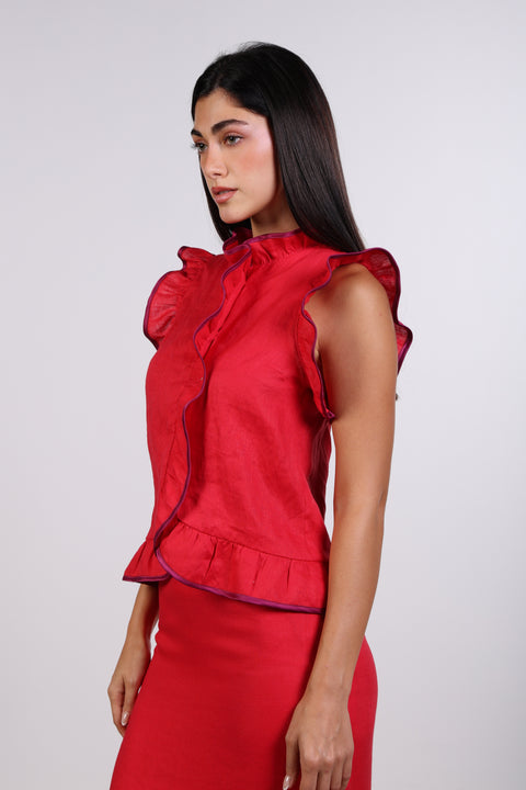 SILK TRIMMED LINEN SHIRT — WOMENS RED