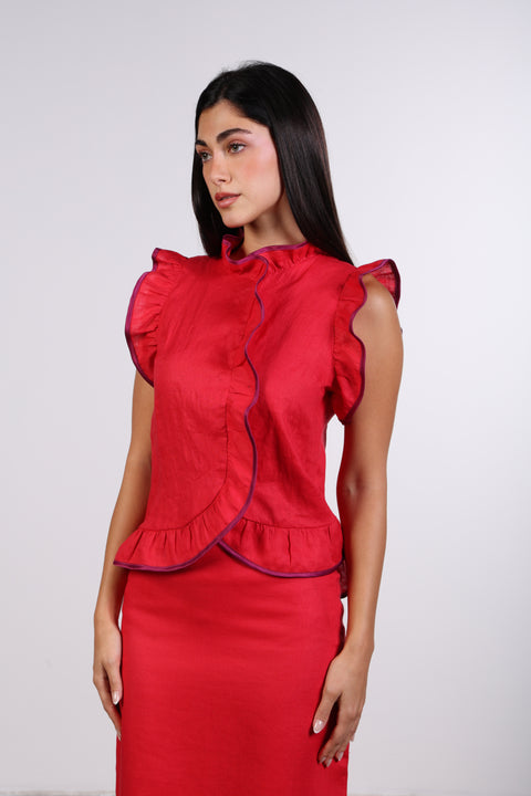 SILK TRIMMED LINEN SHIRT — WOMENS RED
