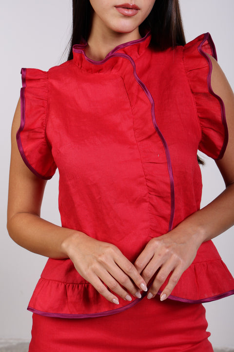SILK TRIMMED LINEN SHIRT — WOMENS RED