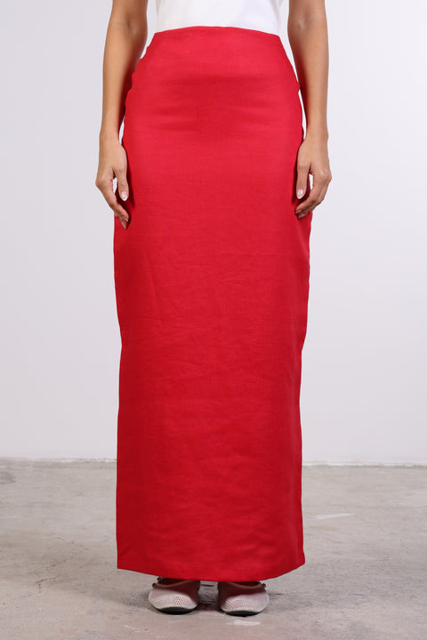 PENCIL LINEN SKIRT — WOMENS RED