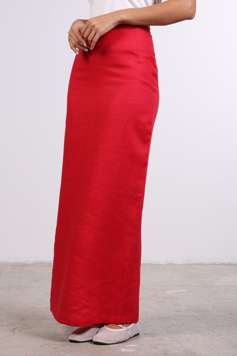 PENCIL LINEN SKIRT — WOMENS RED