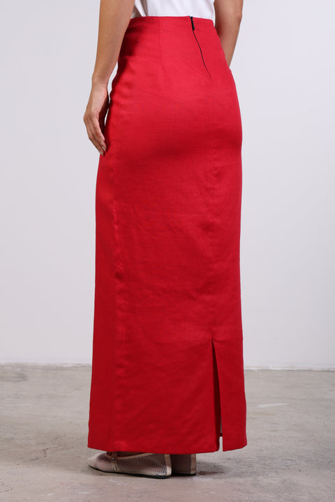 PENCIL LINEN SKIRT — WOMENS RED