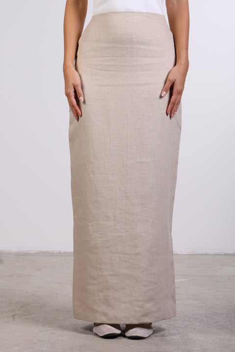 PENCIL LINEN SKIRT — WOMENS BEIGE