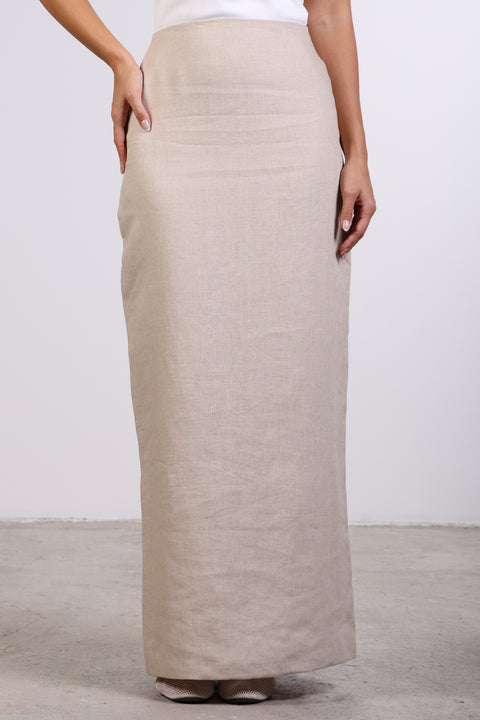 PENCIL LINEN SKIRT — WOMENS BEIGE