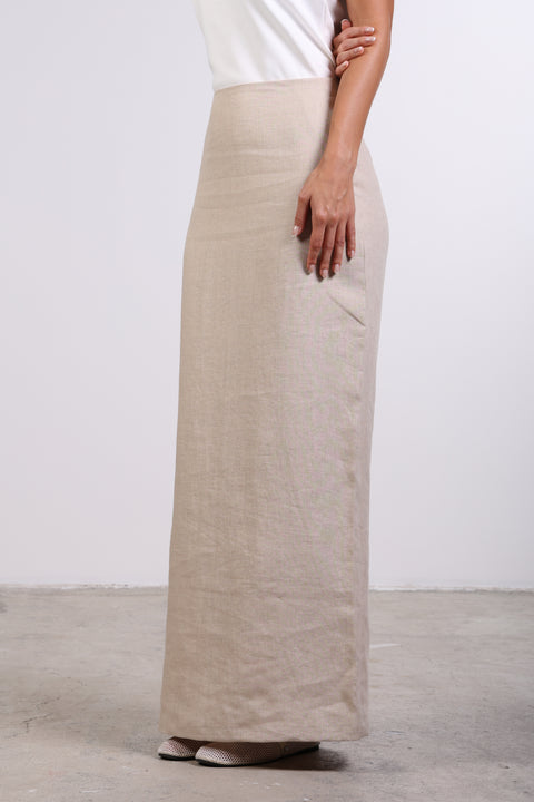PENCIL LINEN SKIRT — WOMENS BEIGE