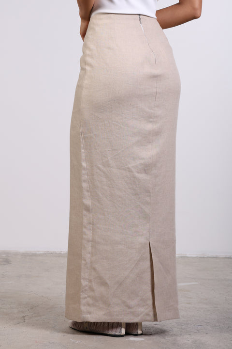 PENCIL LINEN SKIRT — WOMENS BEIGE