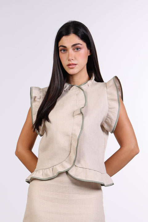 SILK TRIMMED LINEN SHIRT — WOMENS BEIGE