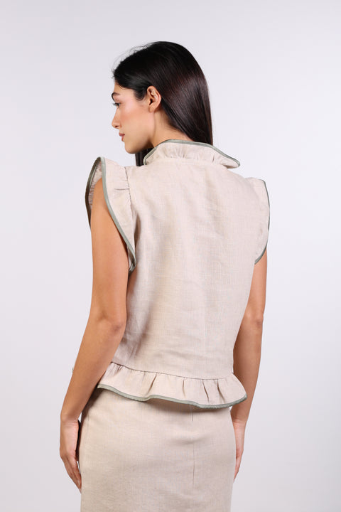 SILK TRIMMED LINEN SHIRT — WOMENS BEIGE