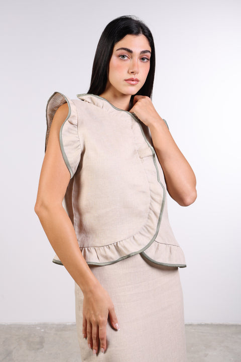 SILK TRIMMED LINEN SHIRT — WOMENS BEIGE