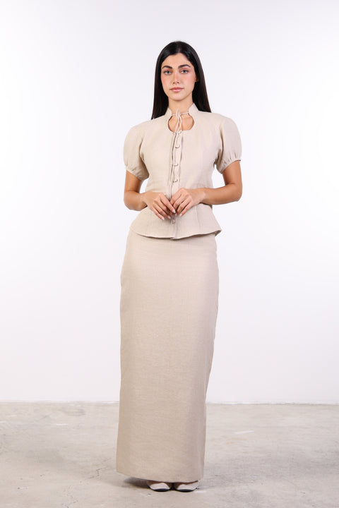 TIE-NECK LINEN SHIRT — WOMENS BEIGE