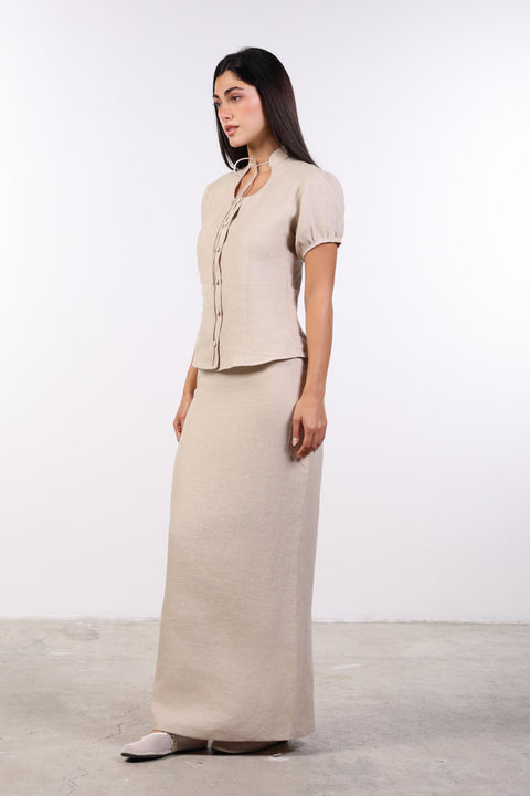TIE-NECK LINEN SHIRT — WOMENS BEIGE