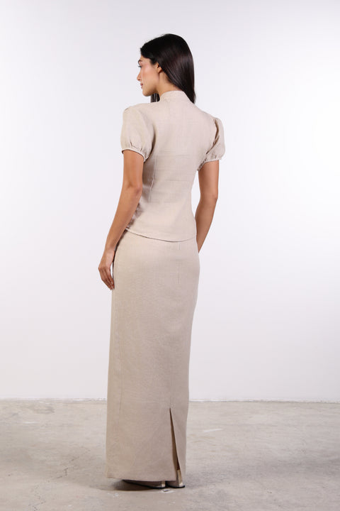 PENCIL LINEN SKIRT — WOMENS BEIGE