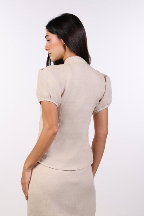 TIE-NECK LINEN SHIRT — WOMENS BEIGE