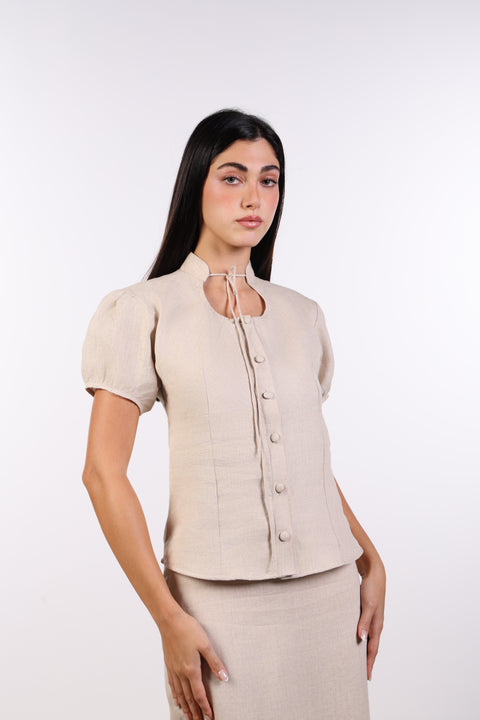 TIE-NECK LINEN SHIRT — WOMENS BEIGE