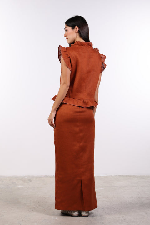 SILK TRIMMED LINEN SHIRT — WOMENS BURNT ORANGE