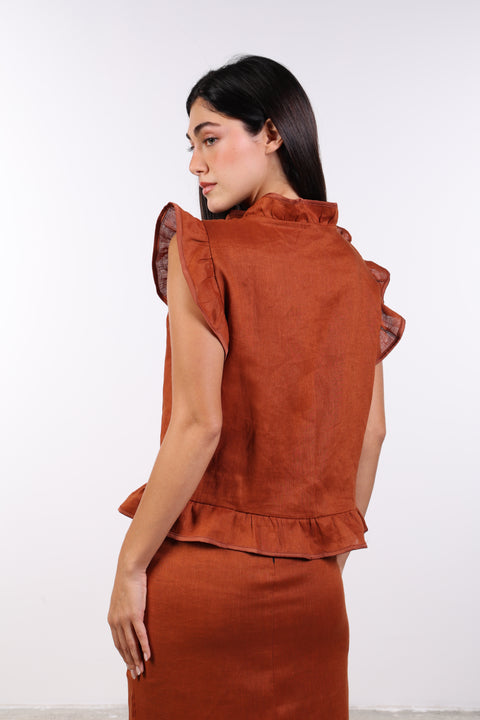 SILK TRIMMED LINEN SHIRT — WOMENS BURNT ORANGE