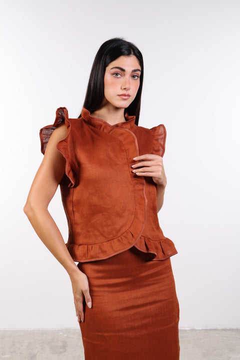 SILK TRIMMED LINEN SHIRT — WOMENS BURNT ORANGE