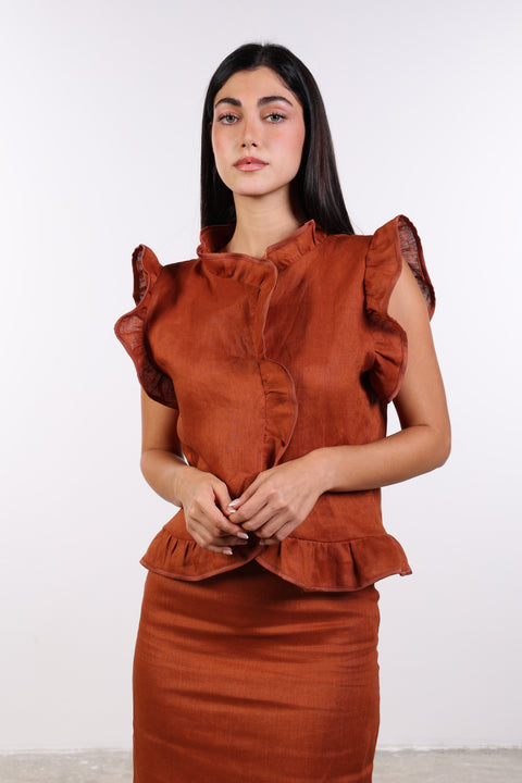 SILK TRIMMED LINEN SHIRT — WOMENS BURNT ORANGE
