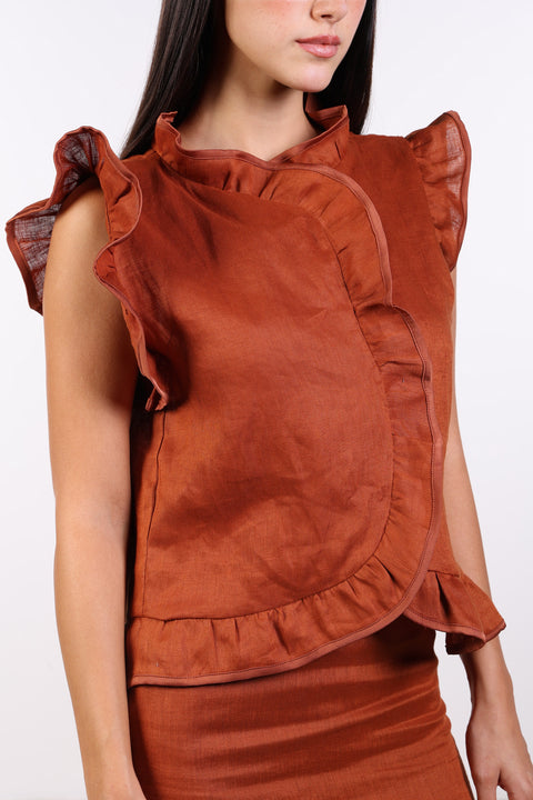 SILK TRIMMED LINEN SHIRT — WOMENS BURNT ORANGE