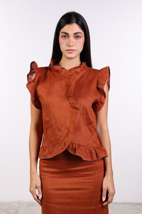 SILK TRIMMED LINEN SHIRT — WOMENS BURNT ORANGE
